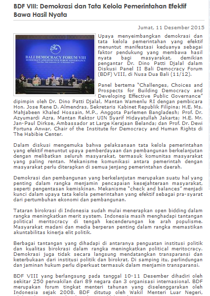 Kemlu_RI's tweet photo. BDF VIII: Demokrasi dan Tata Kelola Pemerintahan Efektif Bawa Hasil Nyata
https://t.co/3psvGOBpPx #BDF2015 https://t.co/sJ2sPaA4Nu