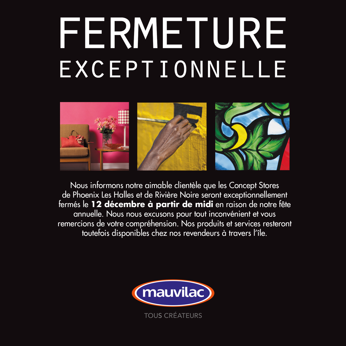 Mauvilacgroup's tweet photo. Veuillez noter que nous serons fermés le 12 décembre à partir de 12hr.
Merci de votre compréhension et bon week-end. https://t.co/CwbgJAz9Tj