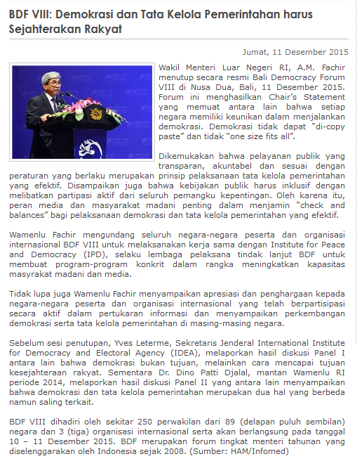 Kemlu_RI's tweet photo. #Wamenlu Fachir @ #BDF2015 Demokrasi dan Tata Kelola Pemerintahan harus Sejahterakan Rakyat https://t.co/iaiPJLrlUt https://t.co/3QCYgwvOzr
