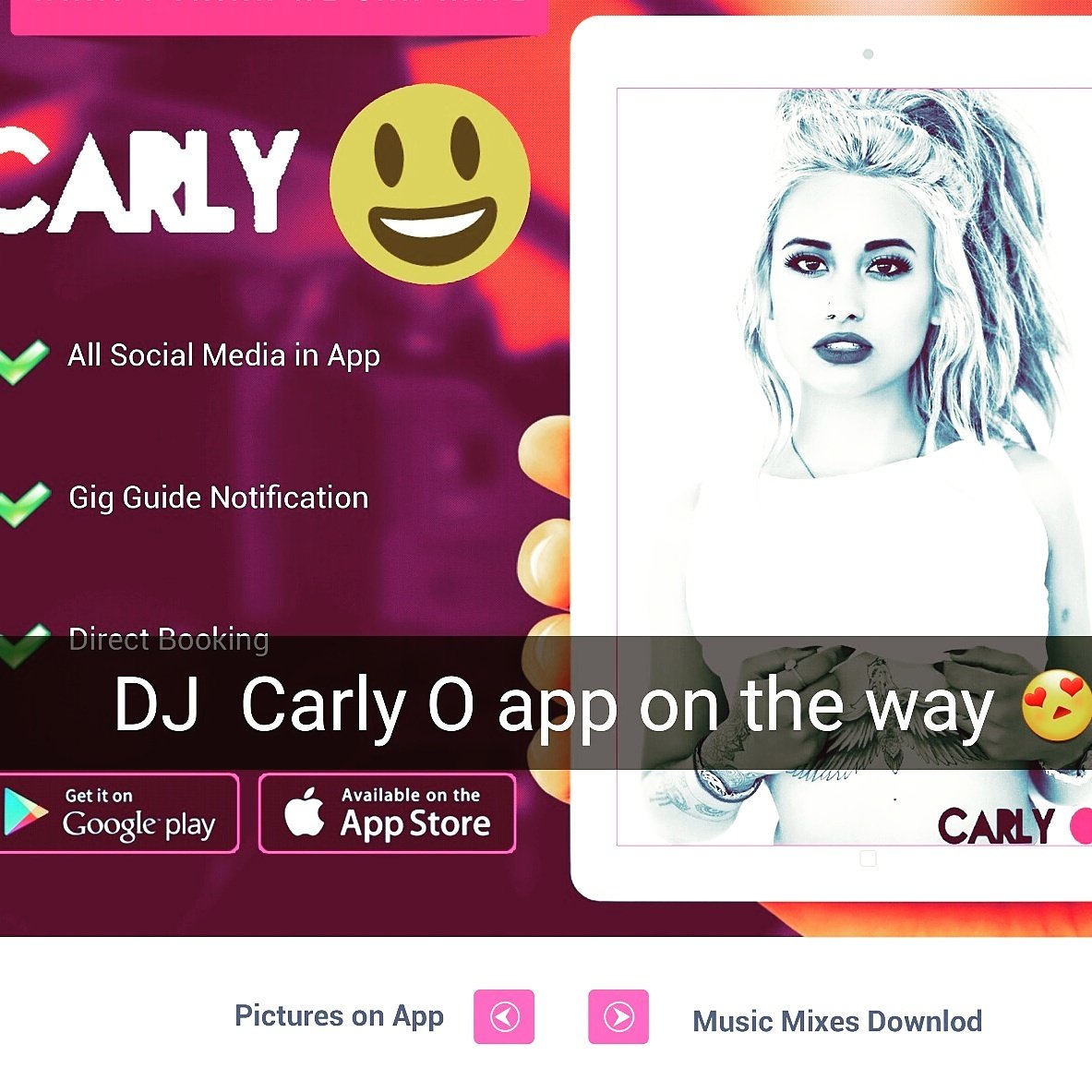 Official DJ Carly O app on the way! Gig guide, planet O streaming, photos, videos, personal, bookings and more 😀