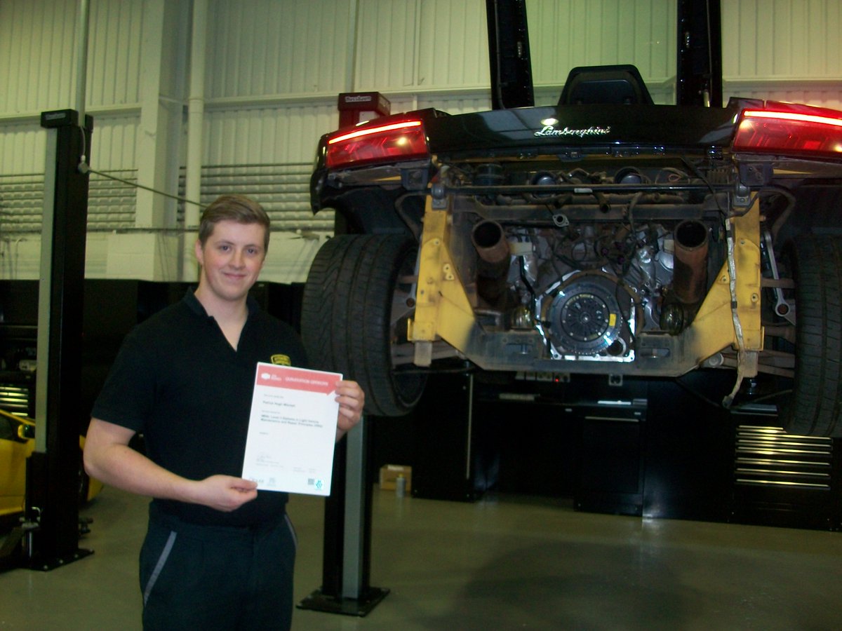 VehicleTutor's tweet photo. Many congratulations to Lamborghini apprentice Patrick Mitchell on completion of his IMI Level 3 VCQ and VRQ https://t.co/AR69uA7s22