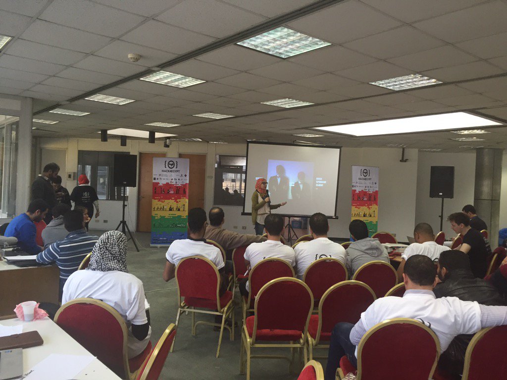 NohaMahmoud's tweet photo. @MeemAshour is giving a session about UCD & #DeaignThinking @ #Hack4Egypt hackathon #Cairo #Technology #TWImpact https://t.co/yfhqUJSqKB