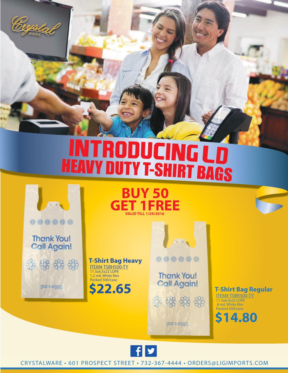 CrystalWareLLC's tweet image. Introducing our Heavy Duty T-Shirt Bags.  Buy 50 get 1 Free for a limited time offer.Call us today 732-367-4444