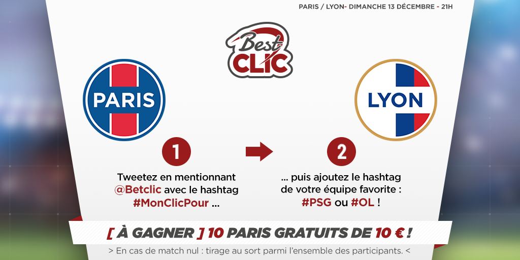 Betclic's tweet photo. Faites le bon pronostic pour #PSGOL ! Pour participer : 
1)RT+Follow @Betclic 
2)Tweetez #MonClicPour + #PSG ou #OL https://t.co/UFWQq3iyfi