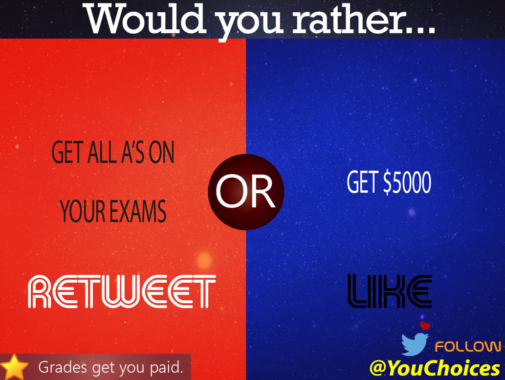 YouChoices's tweet photo. Grades or money? https://t.co/0eX093xJzT