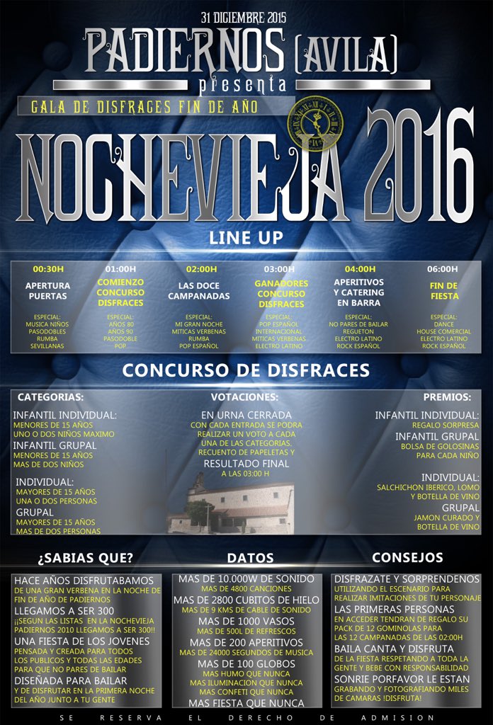 nvpadiernos15's tweet photo. Cartel de horarios y premios para los concursos de NOCHEVIEJA PADIERNOS 2015 #estapasando #nvpadiernos15 https://t.co/g2ejUzL7o7