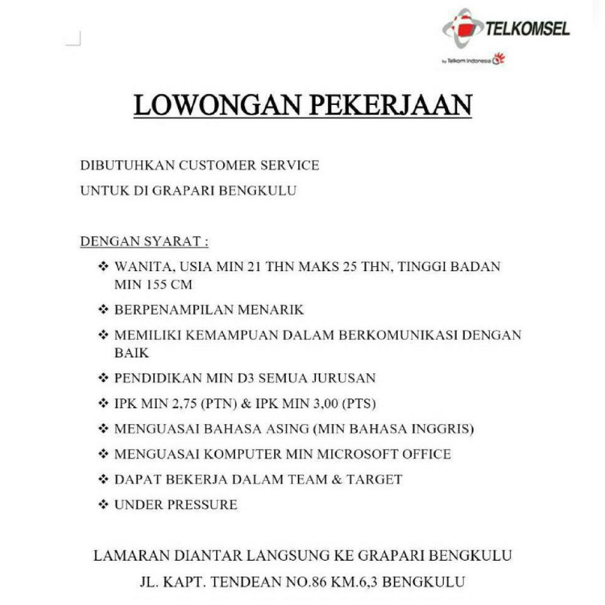 Soloop_Bkl's tweet image. Lowongan pekerjaan buat kamu Loopers Bengkulu #LoopCorner1 #LoopB15A #Soloop_Bkl #LowonganKerja #Bengkulu