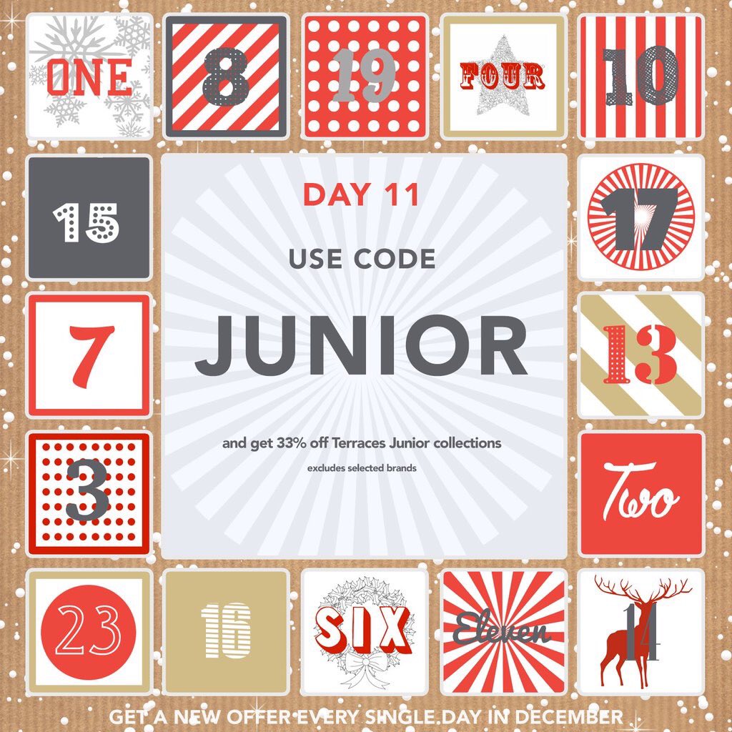 Terraces_Junior's tweet photo. Terraces Advent Calendar Day 11 | 33% off Terraces Junior Collections ~ Use code 'JUNIOR' https://t.co/2ABu2OeLBI… https://t.co/I6JT3WYMpm