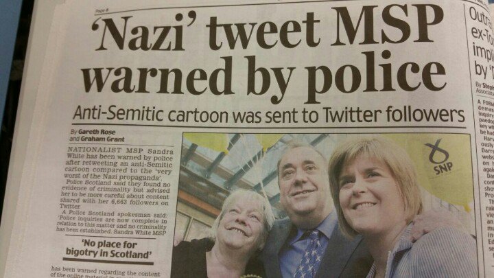 AgentP22's tweet photo. The SNP setting the bar high as always.

Sandra White warned by the police for anti-semitism. https://t.co/1JWaNPwVpD
