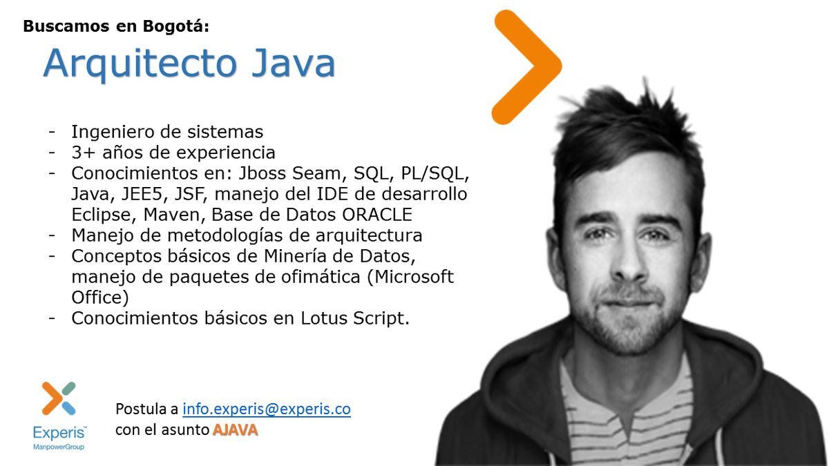 ExperisColombia's tweet photo. Buscamos desarrolladores #Java #MundoIT #Bogota con manejo de #SQL #JBoss #JEE5 #Arquitectura #Oracle https://t.co/3KWDxk2Hfh