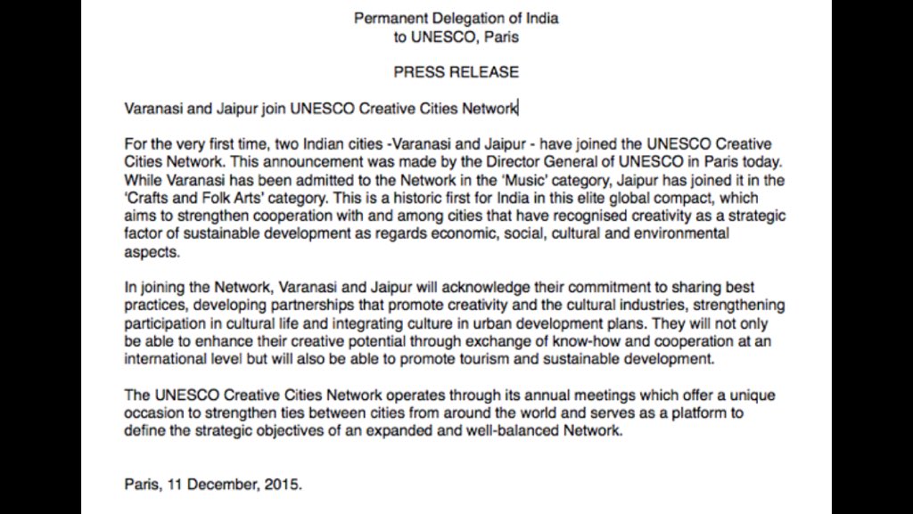 ruchirakamboj's tweet photo. Press Release as #Varanasi &amp; #Jaipur join the UNESCO Creative City Network today. https://t.co/lKDwLFGdqw