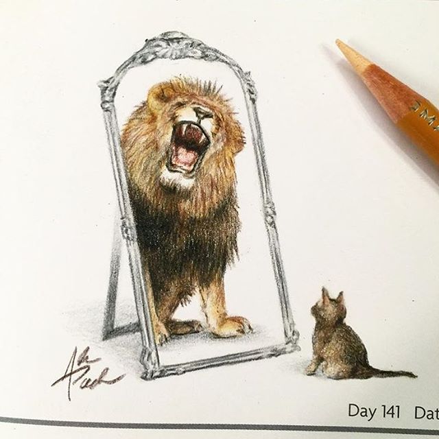 cat looking in mirror lion