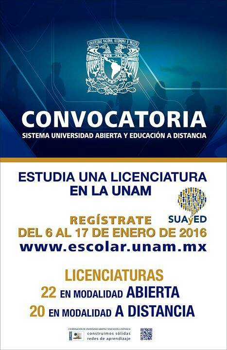 Convocatoria para licenciatura en #Unam abierta y a distancia, llama hoy mismo al 58612385 para informes.