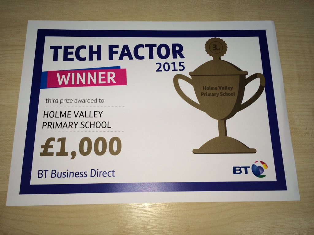 HolmeValleySch's tweet image. Thank you to @BTBizDirect for our #TechFactor certificate. All tech in use daily at HV! This is the entrance screen.