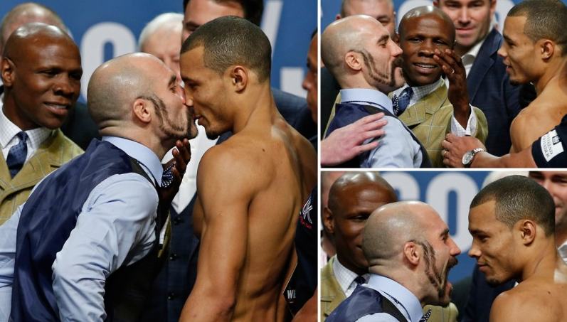 MailSport's tweet photo. Gary 'Spike' O'Sullivan kisses Chris Eubank Jnr during heated weigh-in | @Ashley_Clements https://t.co/LGnzOBJPvC https://t.co/06wWY97FrP