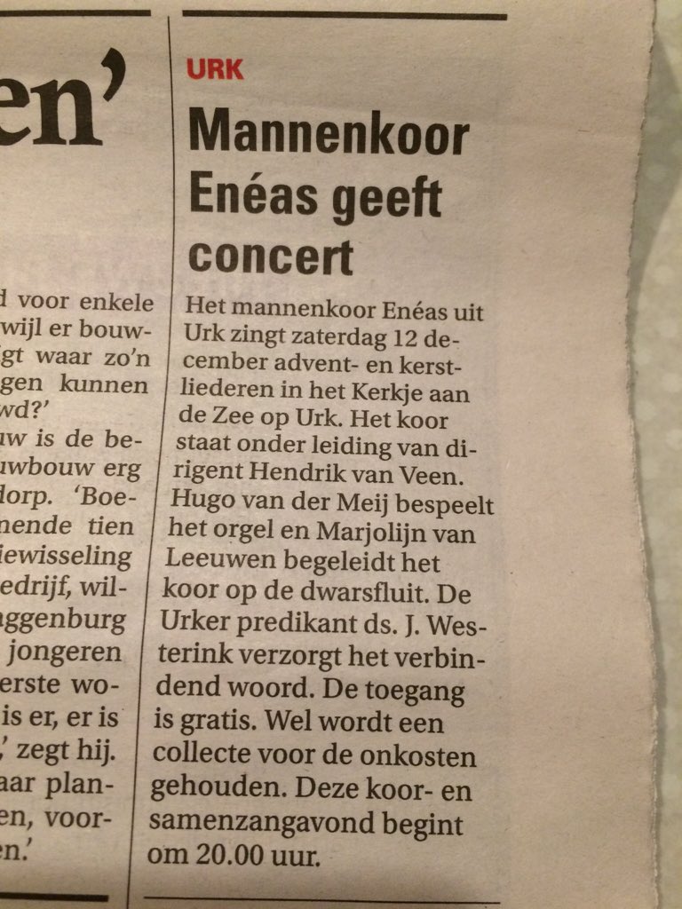 Nog een dag en dan Mannenkoor Eneas in Kerkje aan de Zee; kerstconcert