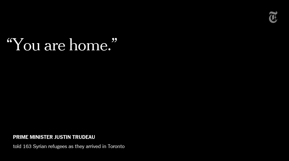 nytimes's tweet photo. Justin Trudeau welcomes 163 Syrian refugees in Canada https://t.co/7Ne9aN8Bcd https://t.co/E64I5TUW7L