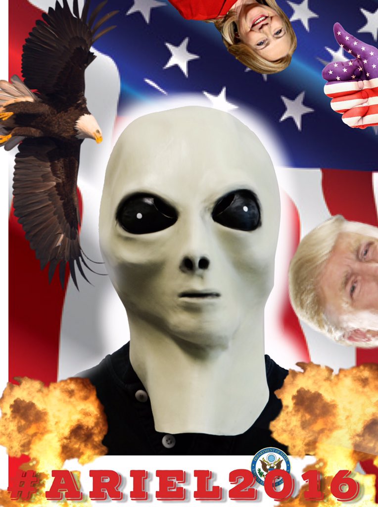 Arielsaidthat's tweet image. Since @realDonaldTrump is out from the elections please feel free to elect me as president please #alien2016