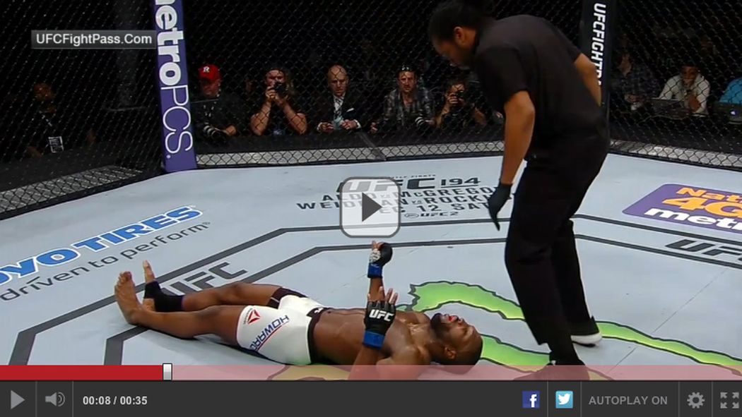 mmamania's tweet photo. KO! Watch @meanstim topple John Howard with vicious left hook at #UFCVegas https://t.co/q0eJnkAG2r https://t.co/wCKLXd4OPQ