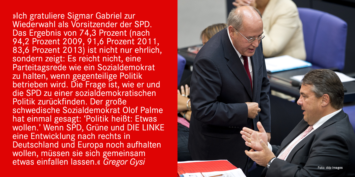 GregorGysi's tweet photo. Gratulation, @sigmargabriel! 74% sind ehrlich. Eine Parteitagsrede wie ein Sozialdemokrat zu halten, reicht nicht, https://t.co/p6WZ27a85G