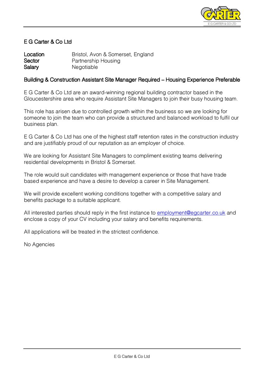 EGCarterCoLtd's tweet image. VACANCY - Assistant Site Manager required in Bristol #EGCjobs #assistantsitemanager #jobs