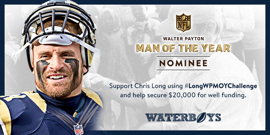 Use the hashtag #LongWPMOYChallenge across your social channels thru 12/31 to help <a href="/JOEL9ONE/">chris long</a> win $20k for funding: