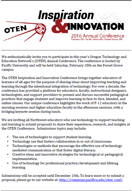 Hello everyone! Check out the RFP for the 2016 OTEN Conference! Proposal deadline is 12/15!