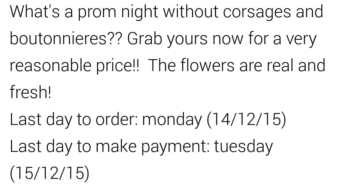 seniorprom2015's tweet photo. We will be at MCD Taipan this Sunday (13/12/15) from 3pm-7pm and y'all can swing by to make your payment :) https://t.co/uzUvLLzQxr