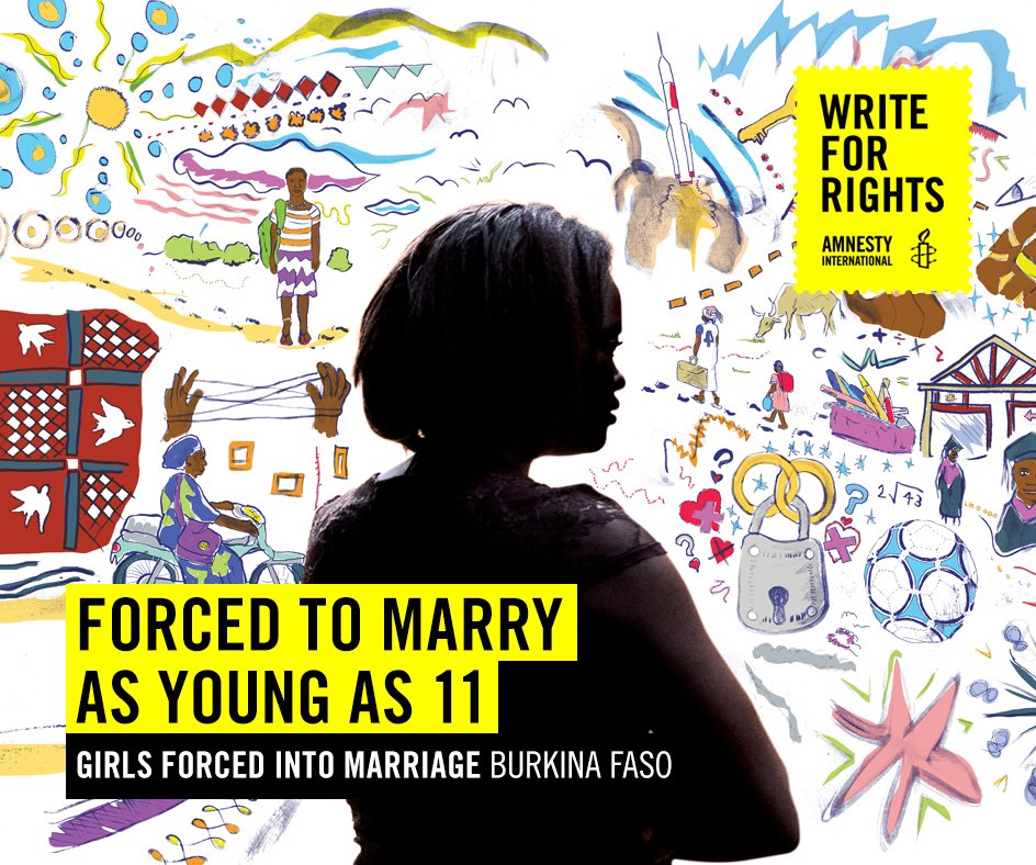 amnestyusa's tweet photo. Over 50% of girls in #BurkinaFaso are married off before 18. This MUST stop: https://t.co/8XWd3IAGcQ #Write4Rights https://t.co/Z9DT160Y6C