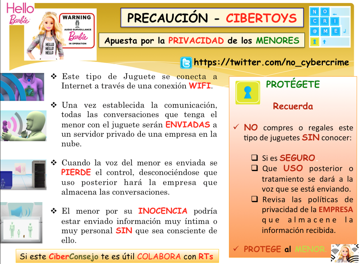 no_cybercrime's tweet photo. Apuesta por la #PRIVACIDAD

Antes de comprar un #ciberjuguete , piensa si es seguro para ellos

#cybertoy #barbie https://t.co/ScbAJJN9wv