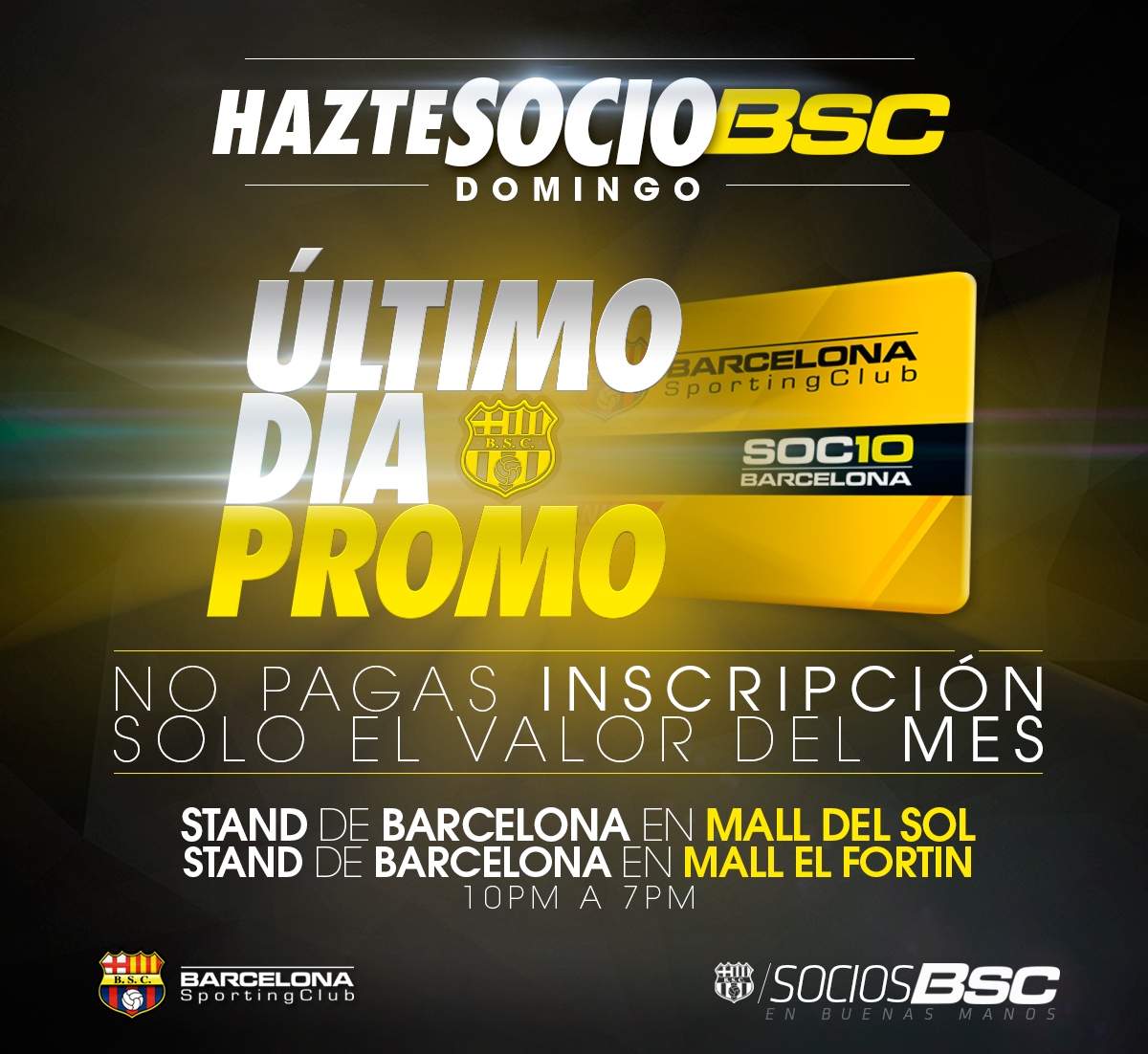 sociosbsc's tweet photo. A 6 horas para finalizar la Promoción (Hoy sólo paga el Mes). En @MalldelSol_Ec y @Mall_El_Fortin | #HazteSocioBSC https://t.co/MtQF2aHCwO