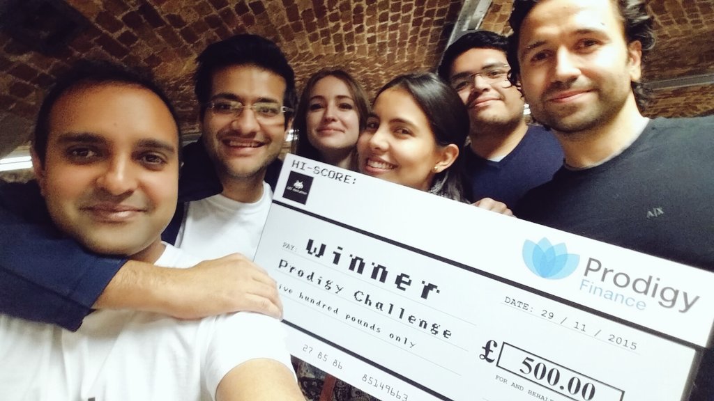 cioccolata39's tweet photo. Team Quantify Me wins the @ProdigyFinance challenge! Great experience with amazing people #whyiloveLBS #LBSHack2016 https://t.co/AF4NJc6IWC