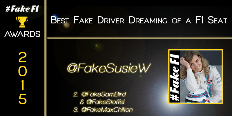 FakeF1Awards's tweet photo. Winner for the #FakeF1 Award of the 2015 Best Fake Driver Dreaming of a F1 seat is @FakeSusieW https://t.co/KuHa4YCWGc