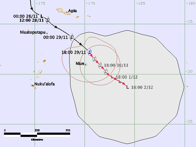 UNOCHA_Pacific's tweet photo. Latest track map for Cat 1 #TCTuni - 200 km east of #Niue and moving slowly south. https://t.co/xpJYfien5A https://t.co/FBp1SvwlGX