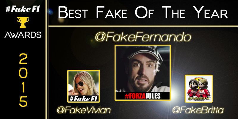 FakeF1Awards's tweet photo. And the Best Fake for the Year 2015, 
with 16 votes, 
is……… 

@FakeFernando https://t.co/632wOodIJK