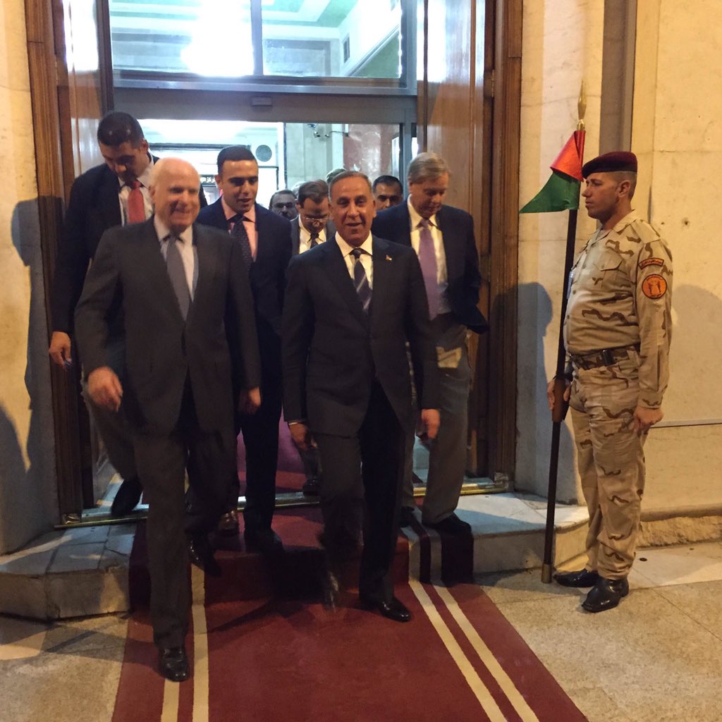 SenJohnMcCain's tweet photo. Meeting w/ #Iraq Minister of Defense Khalid al-Obeidi, Iraqi &amp; US military commanders tonight in #Baghdad https://t.co/wEcdLNATgW