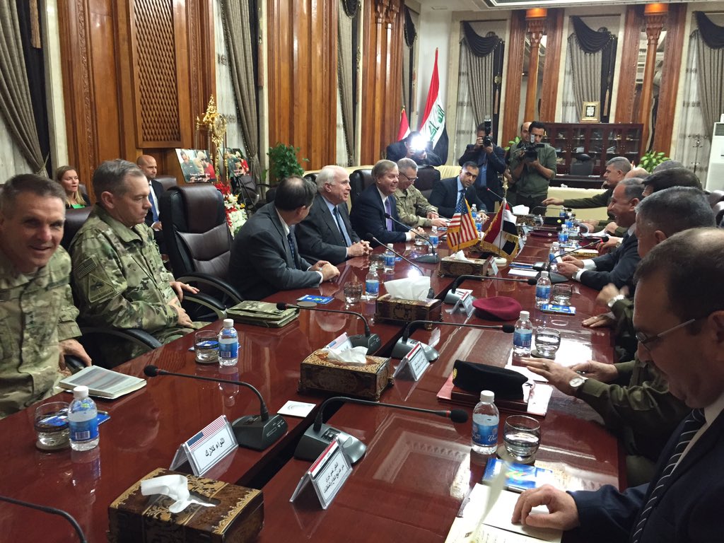 SenJohnMcCain's tweet photo. Meeting w/ #Iraq Minister of Defense Khalid al-Obeidi, Iraqi &amp; US military commanders tonight in #Baghdad https://t.co/wEcdLNATgW