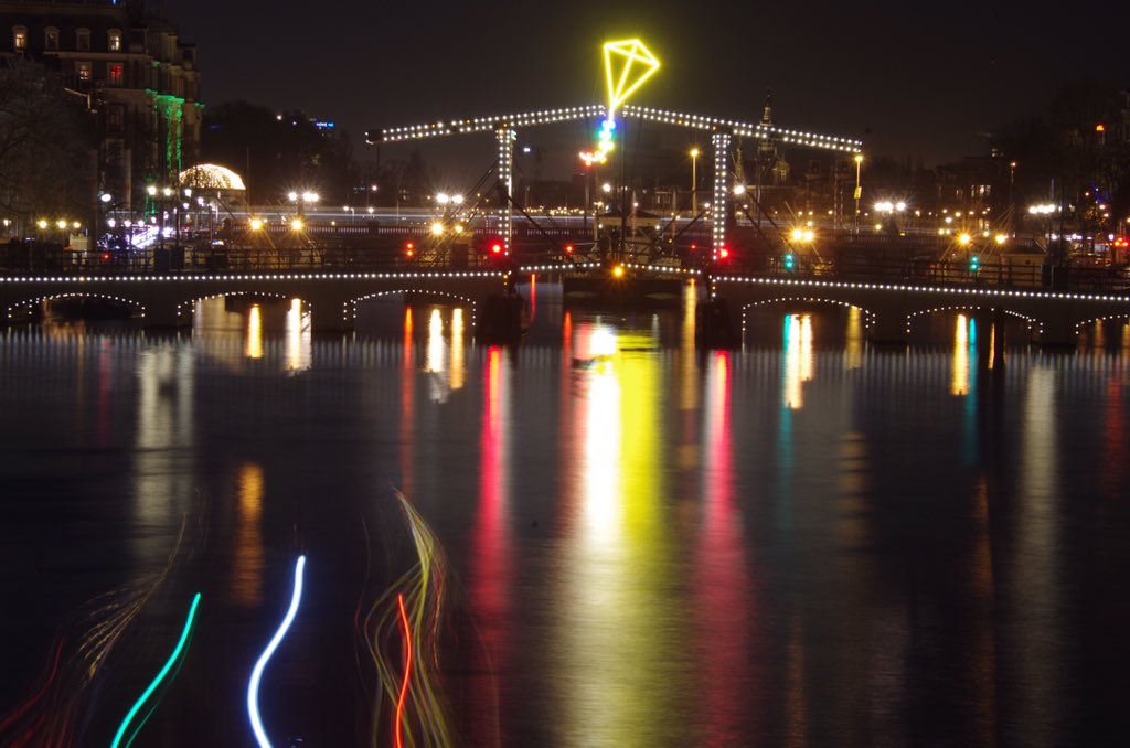 Kite flying over the #MagereBrug is one many impressive exhibits at this years #AmsterdamLightFestival