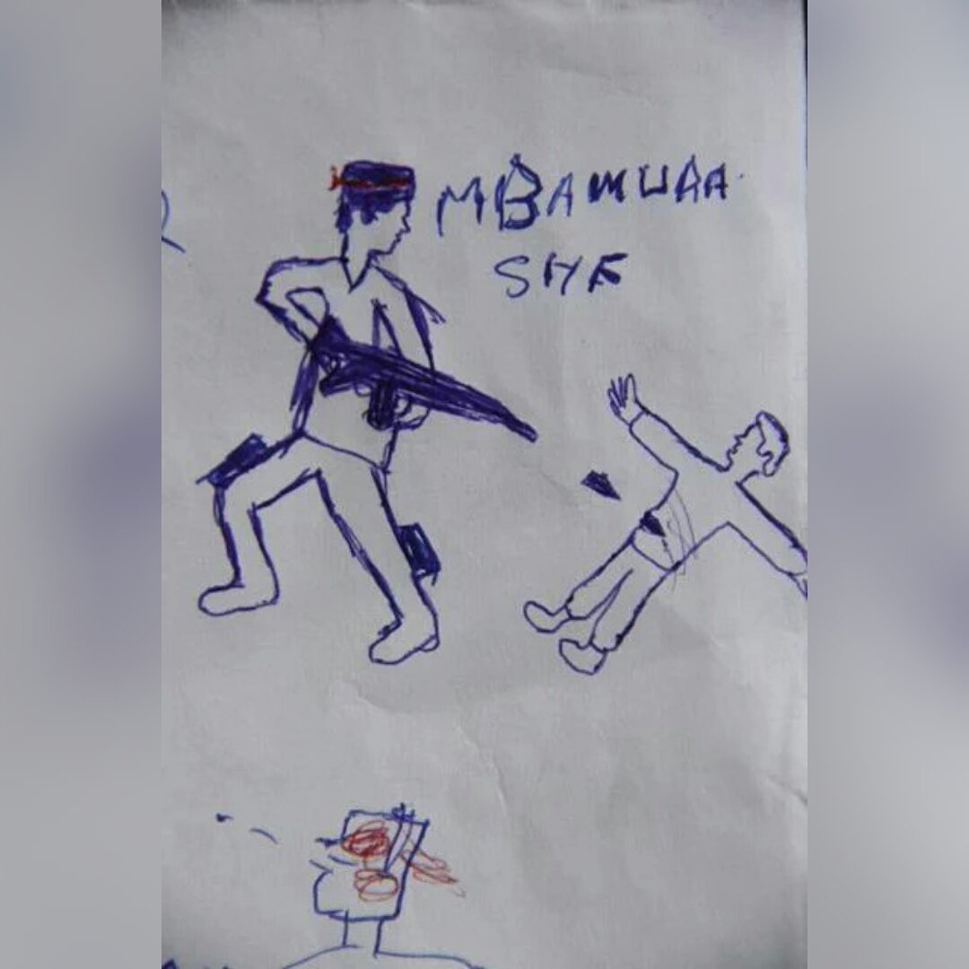 ThierryU's tweet photo. What kids are drawing at a UNICEF "safe haven for children in #Burundi. The word "Bamurashe" means they shot him/her https://t.co/w8L1jdpHcW