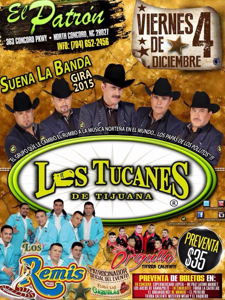 LTDT_Austin's tweet photo. LOS ESPERAMOS ESTE 04 DE DICIEMBRE 2015 EN CONCORD, NORTH CAROLINA. NO FALTEN ! @LosTucanesDeTJ @AlmaNav76226132 https://t.co/mPaTAsGuUl