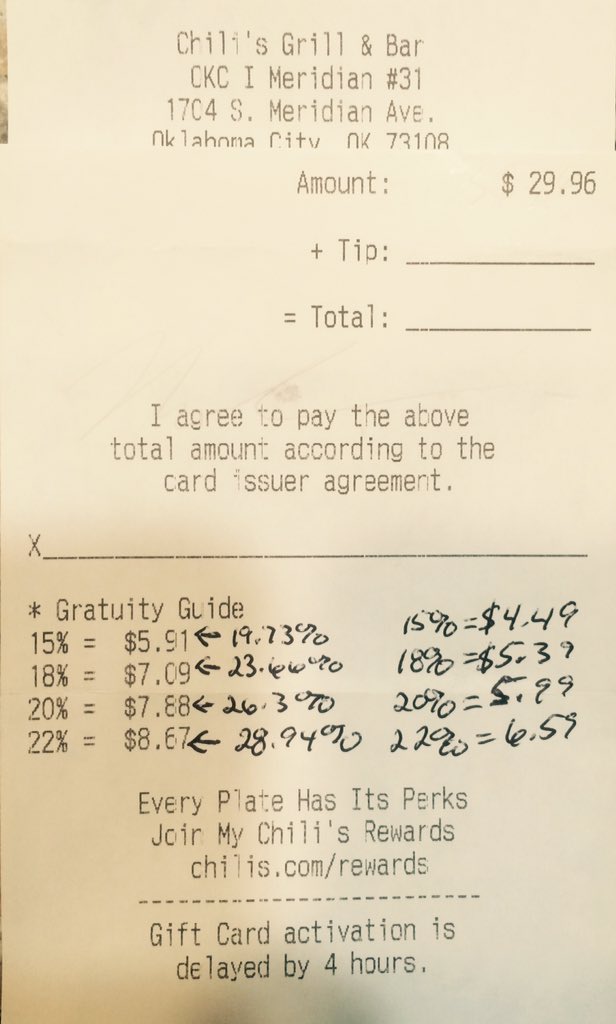 ThomasRTucker's tweet photo. @Chilis I'll be the first to say math isn't my specialty but these numbers don't add up. #tip #badtip https://t.co/7lT0SYalAs