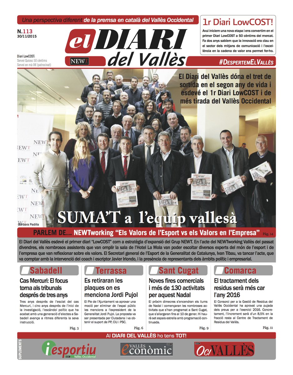 Portada del 1r #DiariLowCOST <a href="/DIARIdelVALLES/">Diari del Vallès</a> dilluns 30/11. #NEWTworking #DESPERTEMelVALLÈS