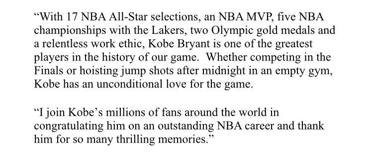 NBA Commissioner Adam Silver issued the following statement regarding @kobebryant’s announcement today