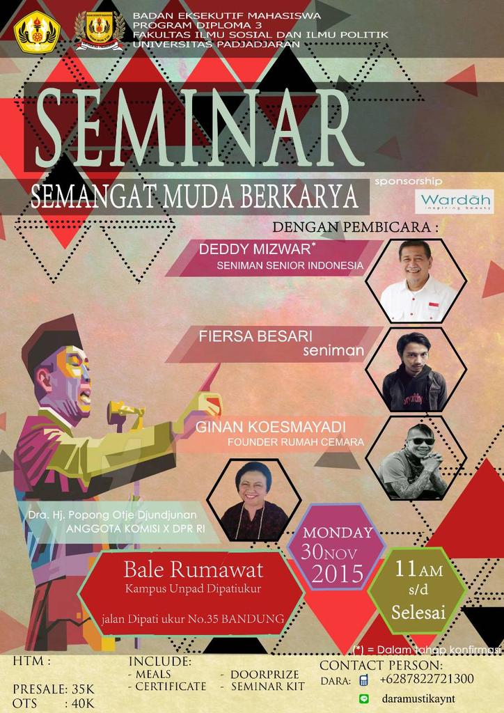 Merapat ke bale rumawat sekarang, acara seminar semangat muda berkarya segera dimulai lho. Masih tersedia tiket ots