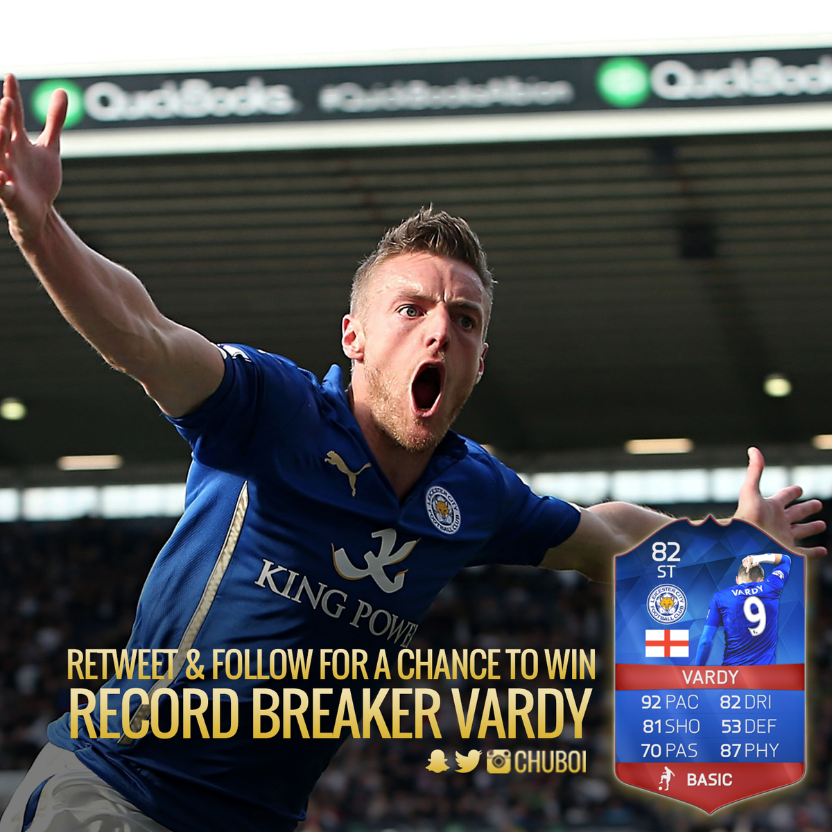 RT &amp; Follow for a chance to win RB Vardy! Thx @EASPORTSFIFA! Winner picked tmrw twitch.tv/chuboi7 #VardyParty