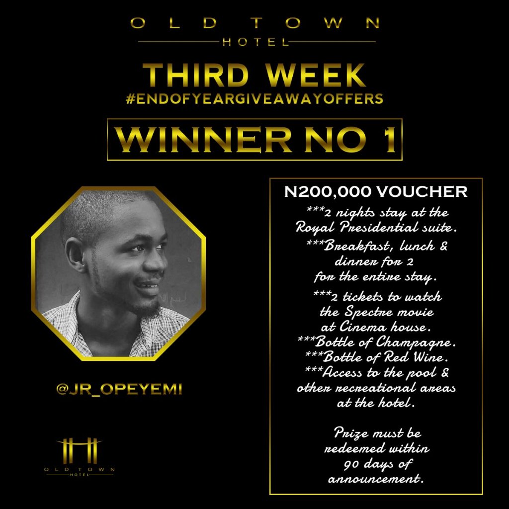 hotel_oldtown's tweet photo. Congratulations to d No 1 Winner for the 3rd week of our #EndOfYearGiveAwayOffers > @jr_opeyemi Tnx 4 participating https://t.co/oasvbKCniv