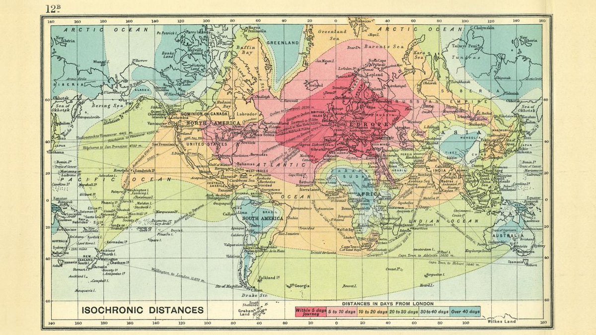 mycompassapp's tweet photo. A 1914 isochronic map that showed how long it took to travel around the world from London https://t.co/t3FDhUZ9X9