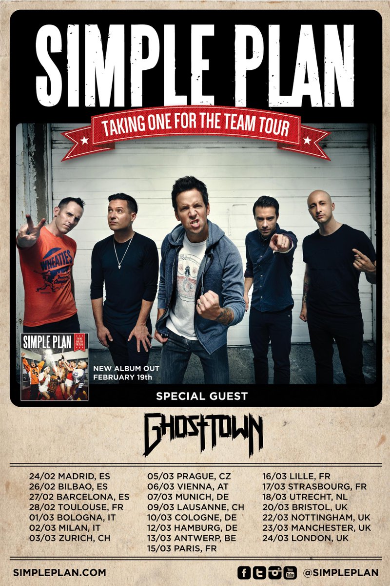 simpleplan's tweet image. Can't wait for 2016! Our "Taking One For The Team" World Tour kicks off in Europe with @GhostTown! #TeamSPTour