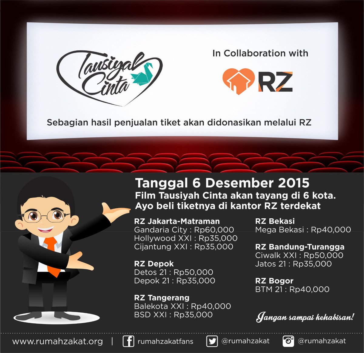 RZ_Jakarta's tweet photo. #FilmTausiyahCinta persembahan @bedasinema tayang tgl 6 Des 2015 di 6 kota. Beli tiketnya di kantor RZ terdekat ^^ https://t.co/g2PCdhgaqY