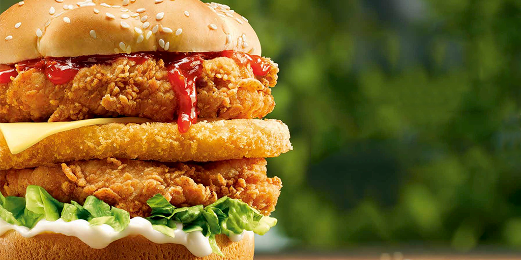 KFCAustralia's tweet photo. It's HERE! Our #TowerStacker #Burger is the ultimate #FoodPorn for #theHCG 😱😋 Get it while it lasts! https://t.co/wpQNrLyhYa